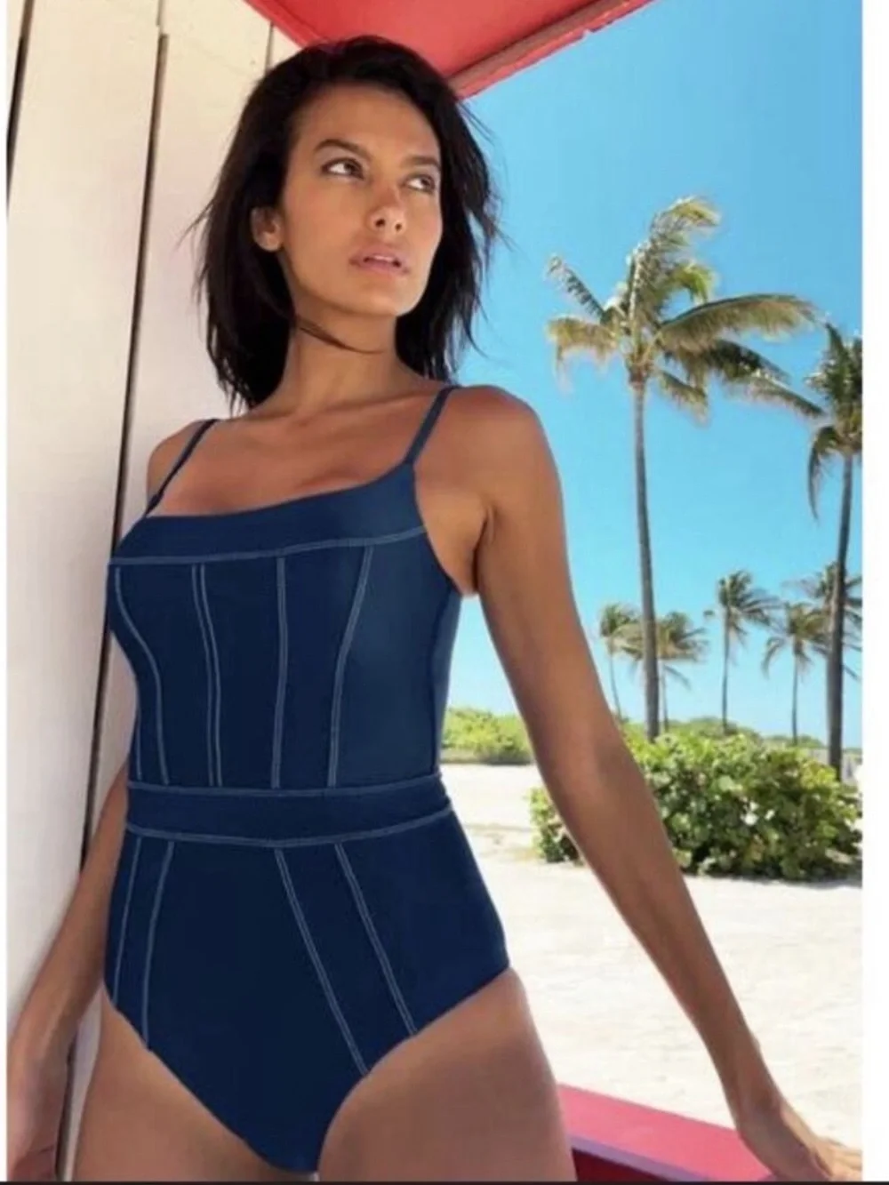 Becca Color Sheen Corset Stitch One Piece Swimsuit Blue Size S NWT - Picture 3 of 6